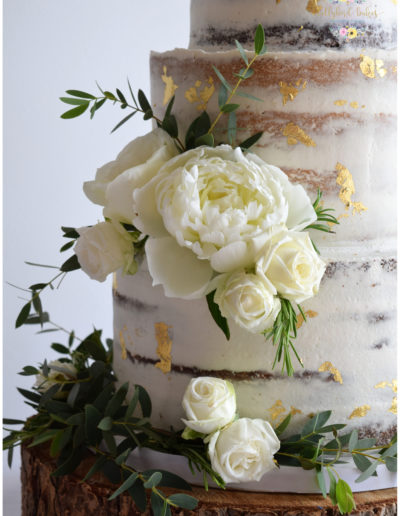 Wedding Cake - Peony & Foliage - Semi Naked cake with gold leaf accents