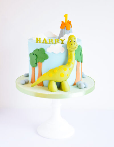 Cute 1st Birthday Cake - Featuring a handmade green dino, a volcano and trees.
