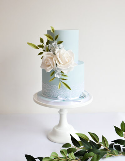 Luxury fondant wedding cake Cornwall - Dollybird Bakes - Sugar Roses & Foliage - Blue & White Cake - Bridgerton Cake