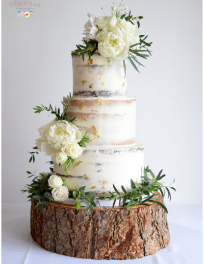 Wedding Cake -Peony & Foliage - Semi Naked cake with gold leaf accents