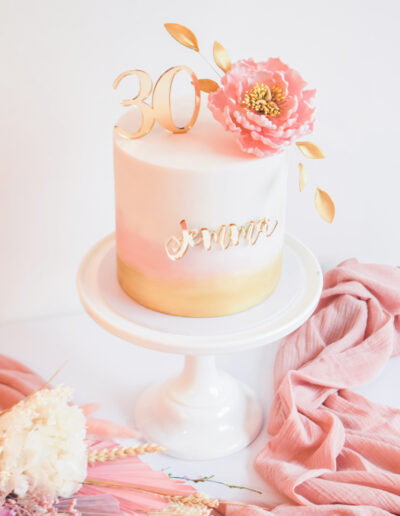 Celebration Cake - Beautiful 30th Birthday cake - finished in pink and gold watercolour dressed with a handcrafted sugar peony and 30 gold cake topper