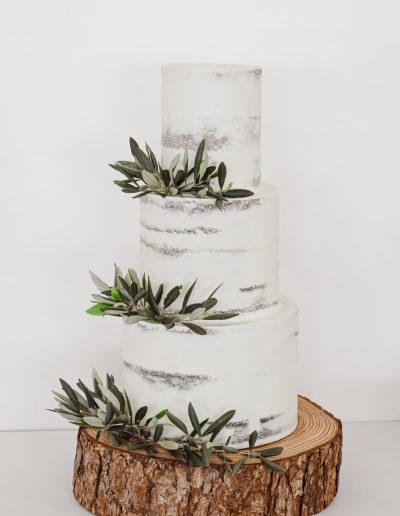 Dollybird Bakes - Wedding Cakes In Cornwall Semi naked three tier cake with fresh olive accents - St Million Flowers @ The Green Weddings In Cornwall